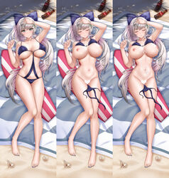 azur_lane blue_nails bow breasts censored closed_eyes cum cum_on_body cum_on_breasts cum_on_stomach dakimakura_(medium) female glass_bottle grey_eyes hairbow heart heart_censor large_breasts long_hair looking_at_viewer lying multiple_views nail_polish nipples o-ring o-ring_swimsuit official_alternate_costume on_back outdoors ponytail purple_bow purple_swimsuit sand seashell shadow shell silver_hair soda_bottle solo surfboard swimsuit untied_swimsuit very_long_hair vittorio_veneto_(azur_lane) vittorio_veneto_(the_flower_of_la_spezia)_(azur_lane) wr_(929481795)