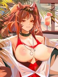 angelina_(arknights) angelina_(summer_flowers)_(arknights) animal_ears areolae arknights artist_request bare_shoulders beverage big_breasts boob_window breasts breasts_out brown_eyes brown_hair choker exposed_breasts eyelashes female female_only glass grin hair_ribbon highres ken_(artist) large_breasts looking_at_viewer medium_hair necklace nipples one-piece_swimsuit puffy_nipples see-through see-through_clothing smile solo_female swimsuit tagme