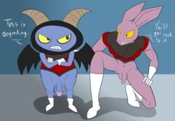 2boys anthro balls blue_body blue_skin bottomless clothed clothing crossed_arms crouching darkajugin dragon_ball dragon_ball_super duo dyspo flaccid foreskin genitals hi_res horn imp lagomorph male male_focus male_only mammal penis purple_body purple_skin shortstack uniform wings yellow_eyes zoiray