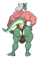 1boy analon analon_(artist) anthro anthro_only ass balls_bulge big_ass big_butt big_penis bulge dragon gay green_scales hand_on_ass hoodie male male_only muscles muscular muscular_legs muscular_male penis_bulge presenting presenting_hindquarters solo solo_male tail thick_ass thick_thighs thong toomanyboners yaoi