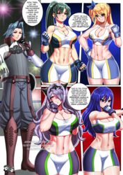 2020s 2021 4girls abs bare_midriff blonde_hair blue_eyes blue_hair boxing boxing_gloves boxing_ring brown_eyes camilla_(fire_emblem) catfight cleavage comic compression_shorts confident crossover english_text fairy_tail fight fingerless_gloves fire_emblem fire_emblem:_the_blazing_blade fire_emblem_awakening fire_emblem_fates gloves green_eyes green_hair grin hair_over_one_eye hand_on_own_face happy jadenkaiba juvia_lockser large_breasts lavender_hair long_hair looking_at_viewer lucy_heartfilia lyn_(fire_emblem) lyndis_(fire_emblem) multicolored_bottomwear multicolored_topwear multiple_girls nintendo ponytail purple_hair shorts smile tank_top text thick_thighs tomboy very_long_hair violet_eyes virion_(fire_emblem)