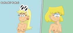 2girls areolae big_breasts blonde_hair blush blushing breasts duo eyelashes eyeshadow eyewear_on_head female female_only half-closed_eyes leni_loud lori_loud multiple_girls nipples nude satoshi_takei sunglasses_on_head the_loud_house