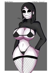 2021 black_bra black_hair black_panties black_sweater bra cigarette curvy fanart female fishnet_stockings fishnets gasketxbaskets goth looking_at_viewer panties revealing_clothes smoke solo_female veronica_(saltynoodles) voluptuous white_skin