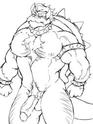 3:4 anthro ass beard big_legs big_pecs bowser clothing collar digital_media_(artwork) facial_hair fist fur genitals hair hi_res himbo horn humanoid_hands huuxian koopa legwear looking_at_viewer male male_only mario_(series) monochrome muscular muscular_anthro muscular_arms muscular_male nintendo nipples pecs penis penis_through_fly poking_out pose pubes reptile scalie shell solo spiked_collar spikes thigh_highs video_games