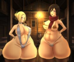 1girls annie_leonhardt attack_on_titan belly big_ass big_belly big_breasts bikini bottom_heavy breasts corruption curvy large_breasts limondo lipstick makeup mikasa_ackerman narrow_shoulders panties prostitution revealing_clothes shingeki_no_kyojin string_panties swimsuit thick_thighs thighhighs thin_arms wide_hips