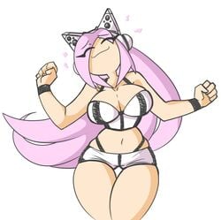 ami ami_(gwain_saga) belly_button big_breasts booty_shorts bracelets cat_ears dancing eyes_closed geoexe gkvalhalla gwain_saga headphones musical_note pink_hair smiling thick_thighs white_background wide_hips