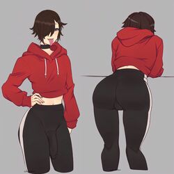 1boy 3rd_party_edit :p ass back_view backsack big_ass big_penis black_hair blue_eyes choker clothing edit femboy girly grey_background gyarusatan hair_over_one_eye hand_on_hip hi_res hoodie jogging_pants leaning_forward male male_only messy_hair narrowed_eyes penis_bulge rainer_(gyarusatan) short_hair solo solo_male sportswear tongue_out trap wide_hips