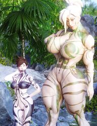 2girls 3d blonde_hair bodypaint brunette dashie116 giantess huge_breasts mercy muscular_female nude_female outdoors overwatch rocks thick_thighs tracer tribal