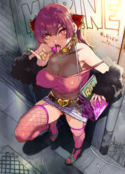 1girls belt breasts fishnets graffiti green_nails heart-shaped_pupils heels heterochromia high_heels hololive hololive_fantasy hololive_japan houshou_marine light-skinned_female lolipop looking_at_viewer mizuryuu_kei necklace prostitute red_hair rings saliva_trail shoes slutty_outfit thighhighs tongue_out virtual_youtuber