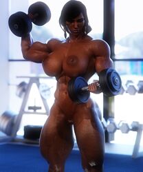 1girls 3d big_breasts dark-skinned_female dashie116 gym muscular_female overwatch pharah standing weightlifting