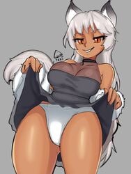 1girls animal_ears bare_shoulders big_breasts breasts clothed clothing dark-skinned_female dark_skin dress dress_lift female female_only fox_ears fox_girl fox_tail fully_clothed humanoid kemonomimi nutsfw orange_eyes panties presenting solo standing thick_thighs white_hair wide_hips