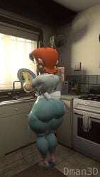 1girls 3d animated apron ass ass_clapping ass_shake cartoon_network cleaning d-man dexter's_laboratory dexter's_mom dman3d from_behind gloves huge_ass jiggle kitchen red_hair solo sound video