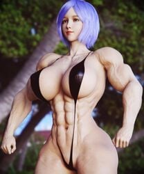 1girls 3d abs blue_hair dashie116 muscular_female original_character outside sling_bikini swimsuit veiny_muscles