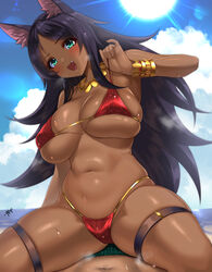 1boy 1girls 2021 animal_ears artist_signature bangle beach belly_button bikini bikini_top_pull blue_sky blush brown_skin cute_fang dark-skinned_female dark_purple_hair dark_skin fate/grand_order fate_(series) female female_focus fluffy_ears green_eyes hips jewelry kisaragi_tsurugi long_hair looking_at_viewer male male_pov micro_bikini necklace open_mouth outdoors pov queen queen_of_sheba_(fate/grand_order) red_bikini royalty simple_background sitting_on_person skindentation slim_waist smile steam steaming_body sunlight thick_thighs thigh_strap thighs underboob water wide_hips