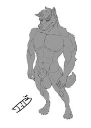 absurd_res animal_genitalia anthro balls canid canine canis genitals hi_res justagoodboy male mammal muscular muscular_anthro muscular_male nude sheath solo wolf