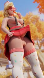 1futa 3d areolae balls balls_under_clothes blender blonde_hair bottomless_skirt breasts casual_exposure erection erection_under_clothes erection_under_skirt exposed_penis flashing futa_only futanari glasses intersex large_breasts mei_(overwatch) outdoors outside overwatch penis penis_bulge penis_out penis_under_clothes penis_under_skirt skirt skirt_lift solo sprinkles_mei stockings tenting upskirt v4n_3d wide_hips