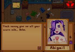 1futa 1girls 2d 2d_animation abigail_(stardew_valley) animated areolae breasts chat_box dialogue duo english_text farmer_(stardew_valley) female futa_on_female futanari gameplay_mechanics licking_penis light-skinned_female light-skinned_futanari light_skin paizuri penis pixel_animation pixel_art player_character stardew_valley text theevilfallenone titjob