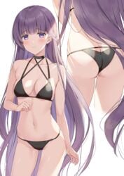 1girls absurdly_long_hair absurdres alternate_costume ass ass_focus back_view bikini black_bikini black_swimsuit blush breasts commission female fire_emblem fire_emblem:_the_binding_blade fire_emblem_heroes halterneck highres kuroki_(ma-na-tu) long_hair looking_at_viewer navel nintendo purple_eyes purple_hair skeb_commission small_breasts smile solo sophia_(fire_emblem) string_bikini swimsuit very_long_hair white_background