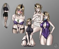 big_breasts black_dress black_skirt blonde_hair blonde_hair blush blush cleavage cleavage_cutout condom condom_between_breasts dress horn horns huge_breasts ice_cream kneeling long_hair makeup one-piece_swimsuit original original_character pale-skinned_female pale_skin purple_bra purple_eyes sharp_teeth shy simple_background swimsuit thick_thighs thighhighs thighs tights towel wet_skin wildsmile