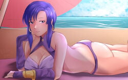 1girls alternate_costume ass beach big_ass big_breasts big_butt bikini blue_eyes blue_hair cleavage day earrings fire_emblem fire_emblem:_the_blazing_blade fire_emblem_heroes grin large_ass large_breasts medium_hair nintendo ocean on_stomach parasol purple_bikini purple_swimsuit rinku_bny smile solo solo_female swimsuit the_pose ursula_(fire_emblem) ursula_(summer)_(fire_emblem)