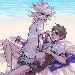 2boys ass_grab beach clothed clothing color danganronpa danganronpa_2:_goodbye_despair gay hinata_hajime looking_at_viewer male male/male male_only nagito_komaeda public sand sitting_on_lap sitting_on_person socks straight_hair thighhighs tie_pull tongue_out underwear water yaoi yndr4hope