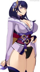 1girls bare_thighs big_breasts black_panties cleavage curvy curvy_female genshin_impact hioyami hourglass_figure kimono kimono_lift looking_at_viewer panties purple_hair raiden_shogun thick_thighs thin_waist wide_hips