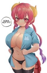 1girls 2021 black_panties black_thighhighs blue_shirt blush breasts cleavage cutesexyrobutts_(style) dragon_girl dragon_horns dragon_tail english_text erect_nipples erect_nipples_under_clothes female female_focus female_only frustrated hi_res huge_breasts ilulu_(dragon_maid) inner_sideboob lesottart long_hair looking_forward miss_kobayashi's_dragon_maid nipples open_shirt panties pointy_ears purple_hair red_eyes red_hair shirt shortstack simple_background small_clothes speech_bubble standing tail text thick_thighs thighhighs thighs two_tone_hair white_background