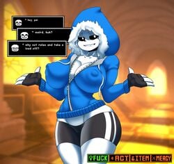 ashraely big_breasts breasts dialog dialogue english_text female female_only female_sans fingerless_gloves genderswap looking_at_viewer nipple_bulge nipples_visible_through_clothing rule_63 sans shorts solo solo_female tagme text text_box thighs undertail undertale