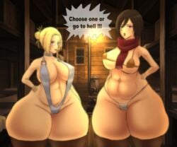 annie_leonhardt attack_on_titan big_belly bottom_heavy breasts large_breasts limondo mikasa_ackerman narrow_shoulders panties revealing_clothes shingeki_no_kyojin string_panties swimsuit thick_thighs thighhighs thin_arms wide_hips