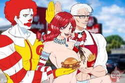 1girls 2boys 3:2_aspect_ratio abs afro bacon big_breasts burger censored censored_breasts cheese clown clown_makeup colonel_sanders fast_food food freckled_skin freckles freckles_on_breasts freckles_on_chest freckles_on_face freckles_on_shoulders french_fries fries functionally_nude functionally_nude_female glasses holding holding_breast holding_breasts kfc large_breasts mcdonald's muscular_male muscular_males oerba_yun_fang pose public_topless purplevulpes raised_eyebrow record_of_ragnarok red_hair ronald_mcdonald servants_holding_aphrodite's_breasts_(meme) shuumatsu_no_valkyrie smug smug_face soda spilled spilled_drink spilled_liquid spilling spilling_drink supporting_breasts topless topless_female twintails twitter twitter_link wendy's wendy_thomas white_hair