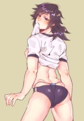 alternate_costume ass ass_squish biting_clothes black_hair bloomers blush buruma dark_hair demon_slayer gym_uniform kimetsu_no_yaiba kyu_717 looking_at_viewer looking_back male male_only ponytail shirt_in_mouth shirt_lift solo thong tight_clothing tomioka_giyuu twink