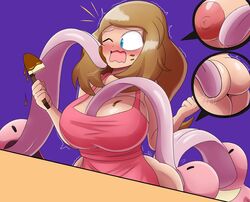 1girls alternate_breast_size apron chocolate_covered close-up embarrassed face_lick face_licking female frosting huge_ass huge_breasts huge_tongue licking licking_ass licking_breast licking_cheek licking_face lickitung long_hair long_tongue mechspazer nervous nintendo pink_clothing pokemon pokemon_xy pokephilia saliva saliva_trail serena_(pokemon) shocked tongue tongue_bath wink