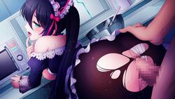 1boy aino_pico ass_grab bent_over black_hair black_legwear blue_eyes bow breasts censored female game_cg hairbow half-closed_eyes kitchen long_hair medium_breasts mosaic_censoring nipples off_shoulder official_art open_mouth panties panties_aside pantyhose penis pussy_juice red_bow sex sex_from_behind shiny shiny_hair sora_no_kanata_no_dystopia_x_shitei sweatdrop torn_clothes torn_legwear twintails underwear vaginal_penetration very_long_hair white_panties