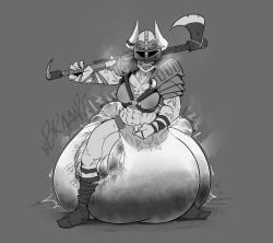 axe big_breasts breasts character_request cleavage darkhatboy diaper female helmet messy_diaper muscular muscular_female original original_character scat soiling solo_female weapon