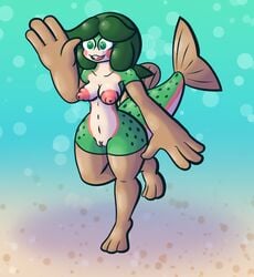 anthro areola big_breasts breasts female fin fish fish_tail genitals green_body green_eyes green_hair green_skin hair marine nipples nude pink_nipples puffy_areola puffy_nipples pussy solo sprucy trout underwater water