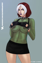 1girls anna_marie areolae black_gloves breasts brown_hair choker eyeshadow female female_only gloves green_eyes hair_between_eyes large_breasts lipstick makeup marvel miniskirt navel nipples red_pyramid rogue_(evolution) rogue_(x-men) see-through see-through_clothing shirt_lift short_hair simple_background skirt solo solo_female tank_top tank_top_lift two_tone_hair white_hair x-men x-men_evolution