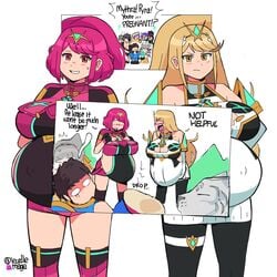 2girls belly_drop big_belly big_breasts blonde_hair blush breasts busty cleavage detached_sleeves double_pregnancy dr-worm female_focus fetal_movement gif gloves hair_ornament huge_belly jewelry lewdlemage long_blonde_hair long_hair long_socks looking_at_viewer multiple_pregnancies mythra nintendo pink_clothes pink_hair pregnant pyra ready_to_pop red_eyes short_red_hair shorts skirt white_clothes white_skirt xenoblade_(series) xenoblade_chronicles_2 yellow_eyes