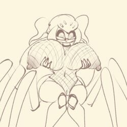 arachne arachnid arachnid_humanoid areolae breasts cesil_(zedrin) fishnet fishnet_bodysuit giant_breasts glasses holding_breast huge_breasts monster_girl naked nipples pussy sagging_breasts spider spider_girl spider_has_puss_puss twintails zedrin