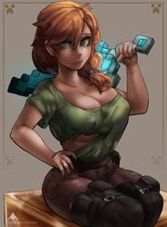 1girls 2021 alamanderarts alex_(minecraft) breasts diamond_sword green_eyes minecraft orange_hair ripped_clothes ripped_clothing ripped_shirt sword thick_thighs weapon