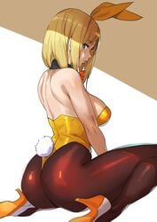 alternate_hairstyle ashiomi_masato ass blonde_hair blue_eyes breasts bunny_ears bunnysuit guilty_gear high_heels large_breasts leotard looking_at_viewer looking_back millia_rage pantyhose short_hair sideboob tagme thighs wariza