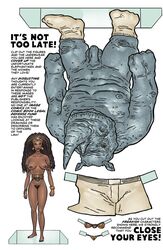 anthro anthro_on_female anthro_on_human belly_chain black_hair black_pubes black_pubic_hair boxers bra braided_hair breasts brown_bra brown_panties bush comic comic_page cutout dark-skinned_female dreadlocks elephantmen full_bush green_eyes grey_skin hairy_pussy horn horns humanoid humanoid_penis jewelry lingerie lingerie_only nipples nude nude_female nude_male obadiah_horn panties rhinoceros rhinocerotoid sahara_(elephantmen) shaky_kane socks_only unshaved_pussy