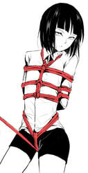 1boy arms_behind_back bangs bishounen blunt_bangs bob_cut bondage bound bound_arms closed_mouth crotch_rope kaname_(locon) locon male_focus original red_rope restrained rope simple_background solo solo_male spot_color uniform white_background