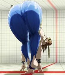 1girls ass ass_focus back_view barefoot bracelet bracelets brown_eyes brown_hair bubble_butt capcom chun-li clothed clothed_female clothing dat_ass double_bun feet female female_only from_behind hair_bun hair_ornament hair_ribbon huge_ass indoors jewelry kitzu_art legs light-skinned_female light_skin looking_at_viewer looking_back paipan pale-skinned_female pale_skin ribbon soles solo solo_female solo_focus spiked_bracelet spikes stirrup_legwear street_fighter stretch thick_thighs thighs tied_hair tight_clothing tiptoes toeless_legwear toes top-down_bottom-up voluptuous