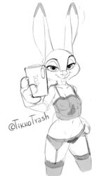 2020 anthro breasts cellphone clothing dipstick_ears disney female garter_belt garter_straps holding_cellphone holding_object holding_phone judy_hopps lagomorph leporid lingerie looking_at_viewer mammal medium_breasts midriff monochrome multicolored_ears navel nipples phone rabbit signature simple_background sketch smile solo stockings trashtikko white_background zootopia