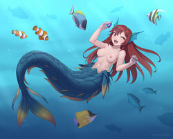 1girls blue_tail blush breasts cristalavi female female_focus fins fish hair head_fins jpeg long_hair looking_at_viewer mermaid nipples nude ocean open_mouth original red_eyes red_hair smile solo underwater water wink