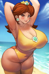 1girls alternate_breast_size armpits arms_behind_back ass beach belly_button big_ass big_breasts big_butt bimbo blush breasts_bigger_than_head brown_eyes brown_hair busty crown curvy curvy_female cute earrings female female_only flower fully_clothed gakibaki huge_ass huge_breasts huge_butt large_ass large_breasts large_butt looking_at_viewer mario_(series) mario_and_sonic_at_the_olympic_games medium_hair navel nintendo nipple_bulge nipples_visible_through_clothing one-piece_swimsuit orange_swimsuit pose princess_daisy small_waist solo swimsuit thick_ass thick_thighs thighhighs tight_fit voluptuous wide_hips