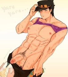 1boy abs benmu_233 blush container_urination exposed_nipples hard_nipples jojo's_bizarre_adventure jotaro_kujo male muscular_male nipples pants_down pee_in_glass peeing penis piss pissing pubic_hair shirt_lift shirt_up solo solo_male standing_pee stardust_crusaders sweat urinating_male urination urine veiny_penis