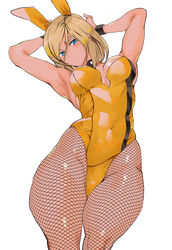 alternate_hairstyle arms_up ashiomi_masato blonde_hair blue_eyes breasts cleavage fishnets guilty_gear large_breasts leotard looking_at_viewer looking_down millia_rage short_hair standing tagme thick_thighs thighs