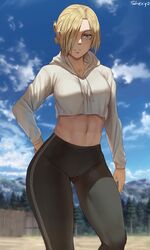 1girls 2021 abs annie_leonhardt artist_signature attack_on_titan belly_button black_yoga_pants blonde_hair blonde_hair_over_one_eye blue_eyes blue_sky breasts crop_top cropped_hoodie emotionless expressionless female female_only hair_over_one_eye hand_on_hip hi_res hips hoodie large_breasts medium_hair midriff navel outdoors pointy_chin shexyo shingeki_no_kyojin simple_background solo standing streetwear tied_hair white_hoodie wide_hips workout_clothes yoga_pants