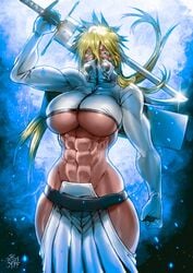 1girls abs bleach blonde_hair clothed clothing curves dark-skinned_female female female_focus female_only green_eyes hakama hips holding_sword holding_weapon huge_breasts large_breasts muscular muscular_female overflowing_breasts solo thegoldensmurf thick_thighs tia_harribel underboob white_clothing yellow_hair